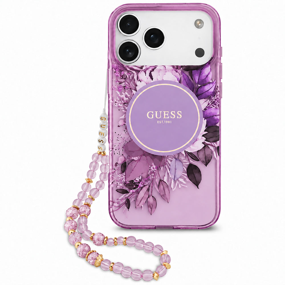 Θήκη MagSafe για Apple iPhone 18 Pro Max / 17 Pro Max, Guess, IML Flowers with Pearl Strap, Μωβ