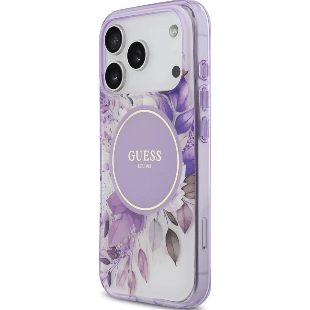 Θήκη MagSafe για Apple iPhone 18 Pro Max / 17 Pro Max, Guess, IML Flowers with Pearl Strap, Μωβ