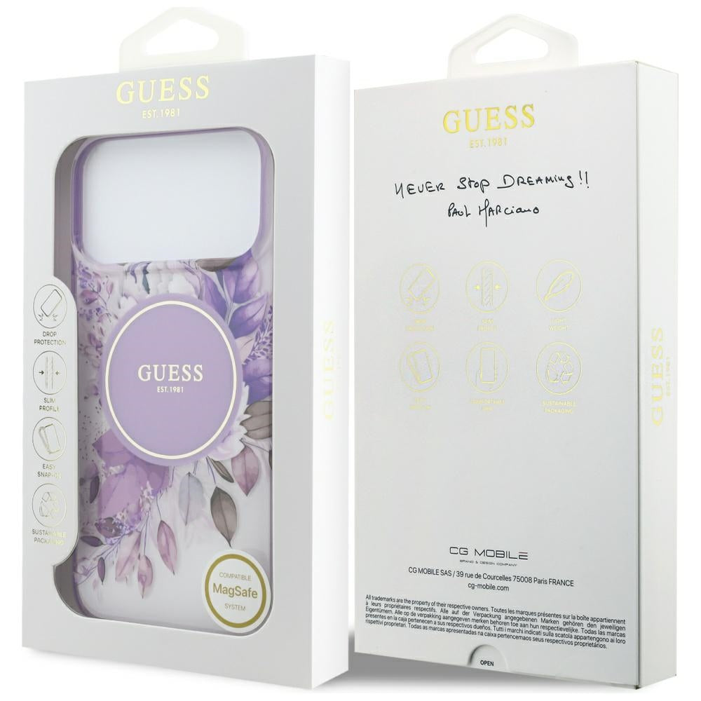 Θήκη MagSafe για Apple iPhone 18 Pro Max / 17 Pro Max, Guess, IML Flowers with Pearl Strap, Μωβ