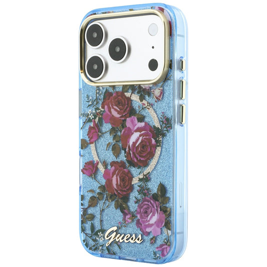 Θήκη MagSafe για Apple iPhone 18 Pro Max / 17 Pro Max, Guess, IML Glitter Blossom Roses, Bleu