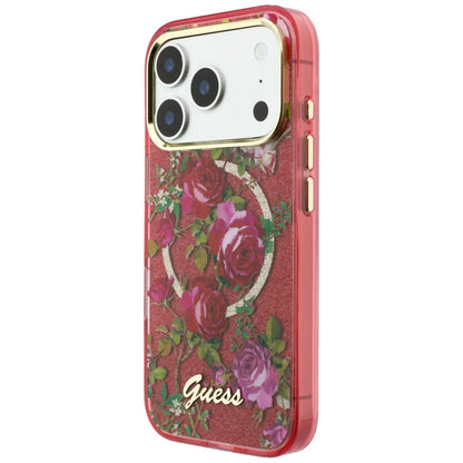 Θήκη MagSafe για Apple iPhone 18 Pro Max / 17 Pro Max, Guess, IML Glitter Blossom Roses, Βυσσινί