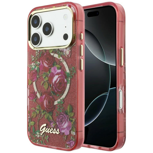 Θήκη MagSafe για Apple iPhone 18 Pro Max / 17 Pro Max, Guess, IML Glitter Blossom Roses, Βυσσινί