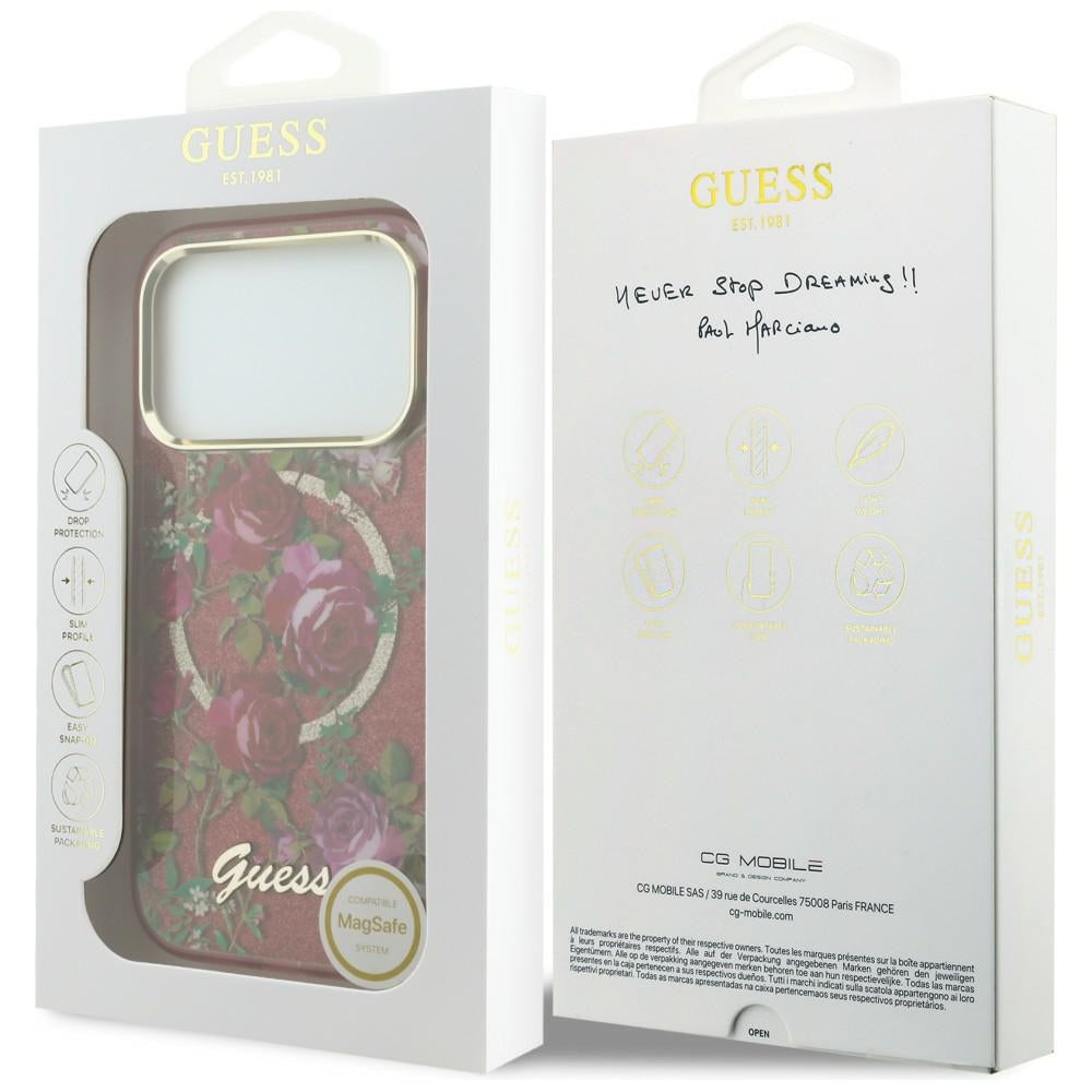 Θήκη MagSafe για Apple iPhone 18 Pro Max / 17 Pro Max, Guess, IML Glitter Blossom Roses, Βυσσινί