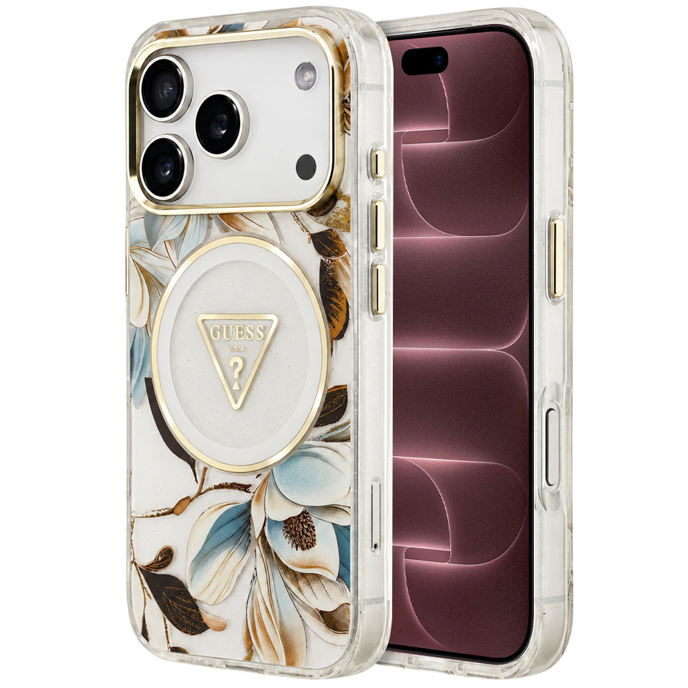 MagSafe Case for Apple iPhone 18 Pro Max / 17 Pro Max, Guess, IML Metal Glitter Flowers Triangle, White