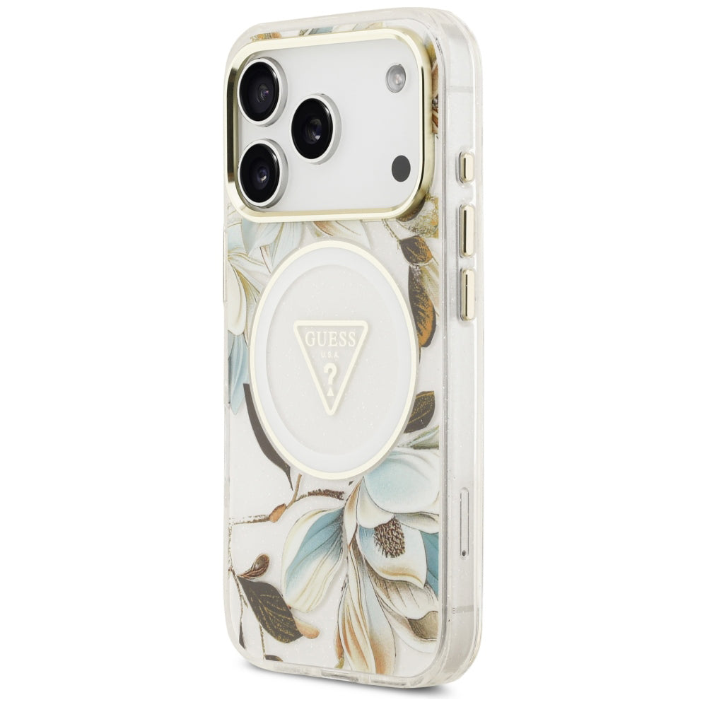 MagSafe Case for Apple iPhone 18 Pro Max / 17 Pro Max, Guess, IML Metal Glitter Flowers Triangle, White