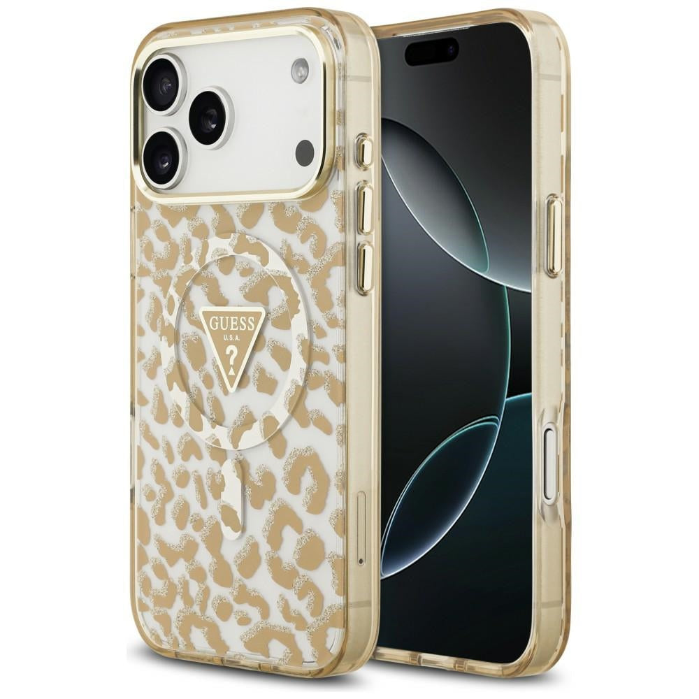 Θήκη MagSafe για Apple iPhone 18 Pro Max / 17 Pro Max, Guess, Λογότυπο Τρίγωνο με Λεοπάρ Γκλίτερ, Καφέ