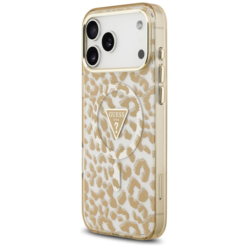 Θήκη MagSafe για Apple iPhone 18 Pro Max / 17 Pro Max, Guess, Λογότυπο Τρίγωνο με Λεοπάρ Γκλίτερ, Καφέ