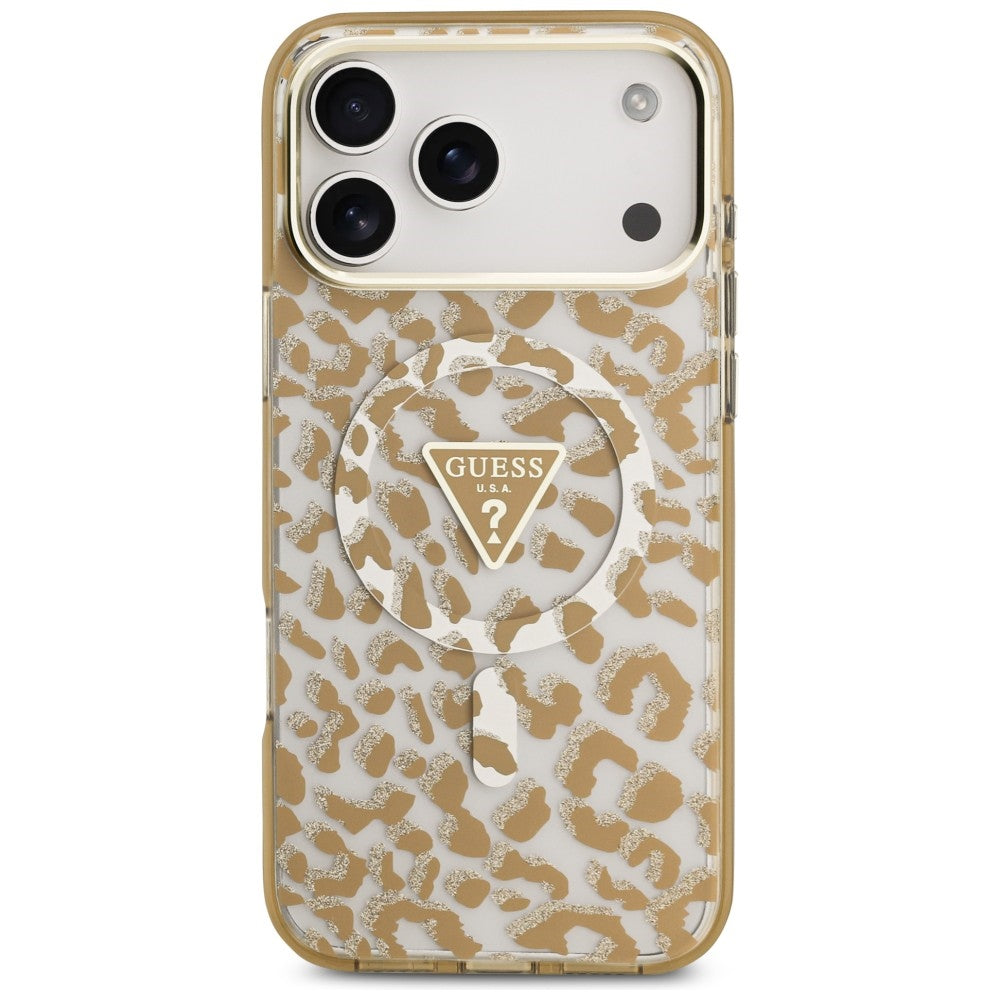 Θήκη MagSafe για Apple iPhone 18 Pro Max / 17 Pro Max, Guess, Λογότυπο Τρίγωνο με Λεοπάρ Γκλίτερ, Καφέ