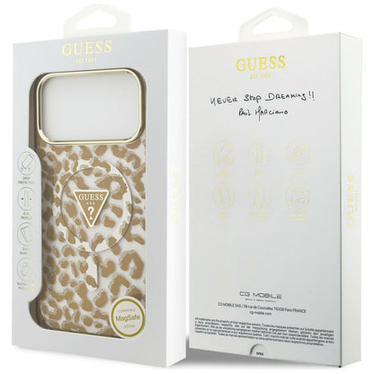 Θήκη MagSafe για Apple iPhone 18 Pro Max / 17 Pro Max, Guess, Λογότυπο Τρίγωνο με Λεοπάρ Γκλίτερ, Καφέ