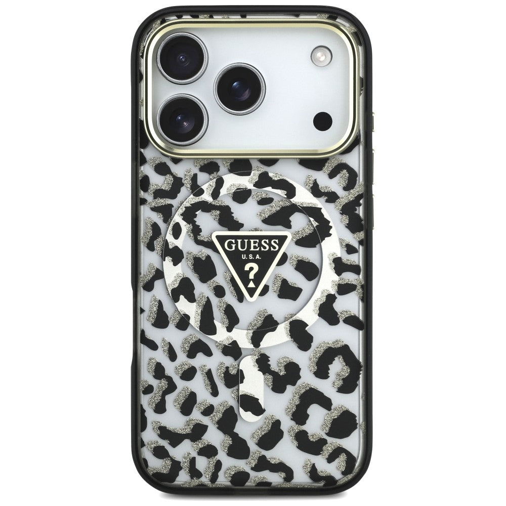 Θήκη MagSafe για Apple iPhone 18 Pro Max / 17 Pro Max, Guess, Leopard Glitter Triangle Logo, Μαύρο