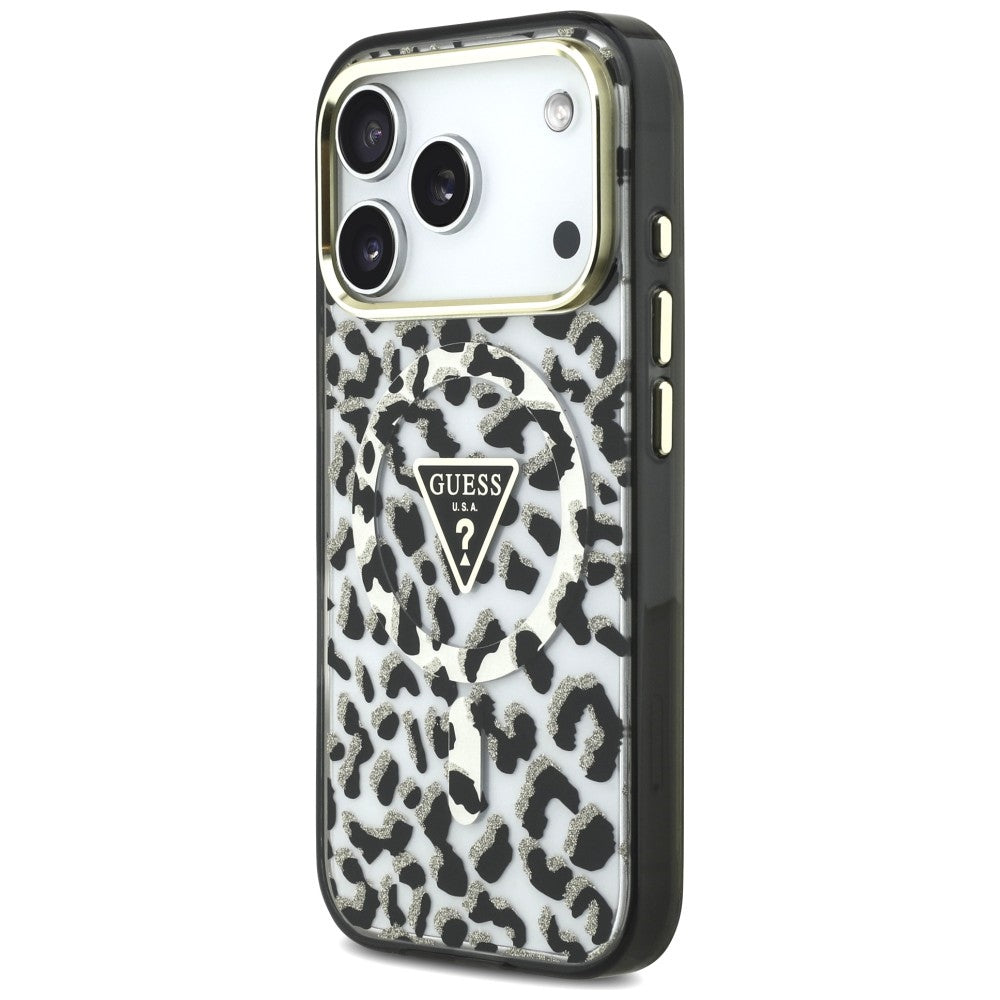 Θήκη MagSafe για Apple iPhone 18 Pro Max / 17 Pro Max, Guess, Leopard Glitter Triangle Logo, Μαύρο