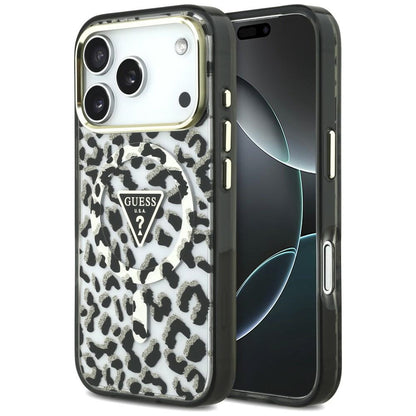 Θήκη MagSafe για Apple iPhone 18 Pro Max / 17 Pro Max, Guess, Leopard Glitter Triangle Logo, Μαύρο
