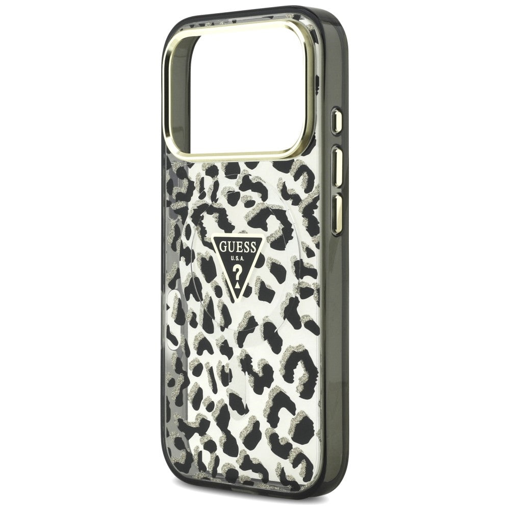 Θήκη MagSafe για Apple iPhone 18 Pro Max / 17 Pro Max, Guess, Leopard Glitter Triangle Logo, Μαύρο