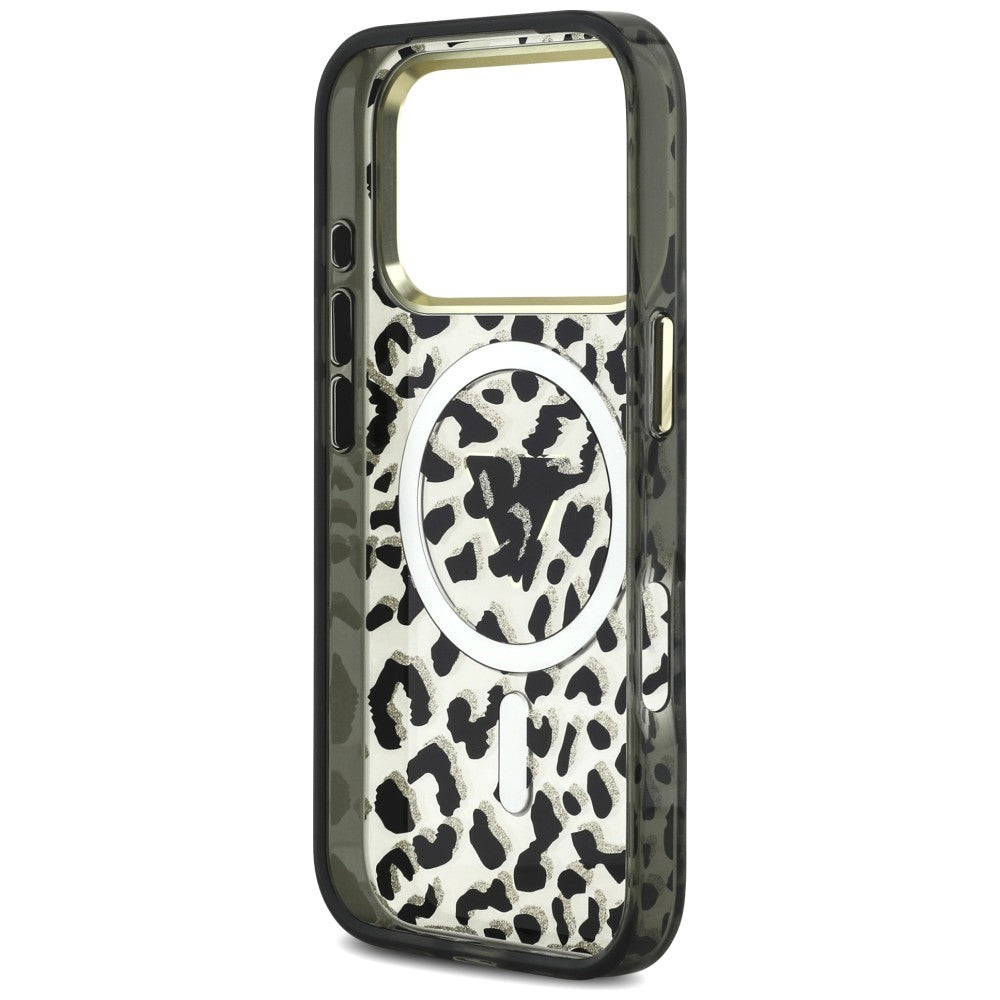 Θήκη MagSafe για Apple iPhone 18 Pro Max / 17 Pro Max, Guess, Leopard Glitter Triangle Logo, Μαύρο