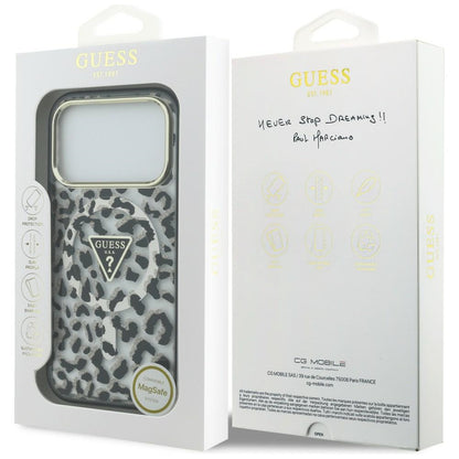 Θήκη MagSafe για Apple iPhone 18 Pro Max / 17 Pro Max, Guess, Leopard Glitter Triangle Logo, Μαύρο