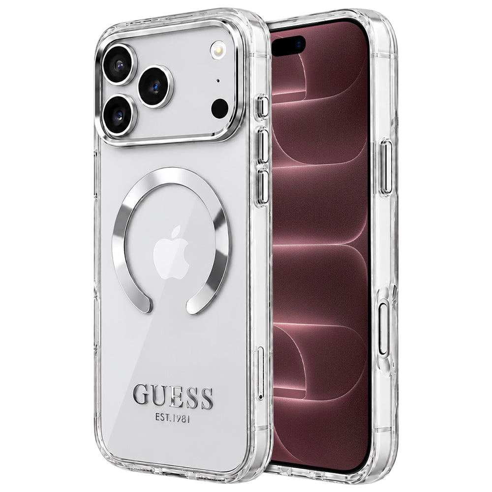 Θήκη MagSafe για Apple iPhone 18 Pro Max / 17 Pro Max, Guess, Μεταλλικό Περίγραμμα, Ασημί