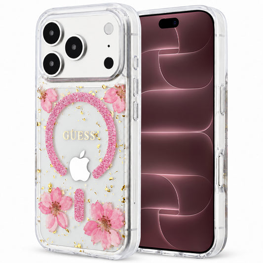 Θήκη MagSafe για Apple iPhone 18 Pro Max / 17 Pro Max, Guess, Resin Flowers and Glitter, Ροζ