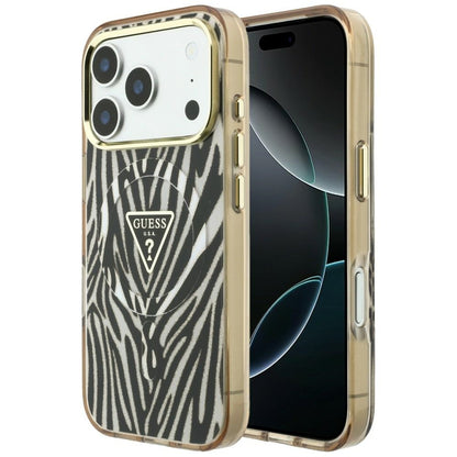 Θήκη MagSafe για Apple iPhone 18 Pro Max / 17 Pro Max, Guess, Zebra Glitter Triangle Logo, Χρυσή