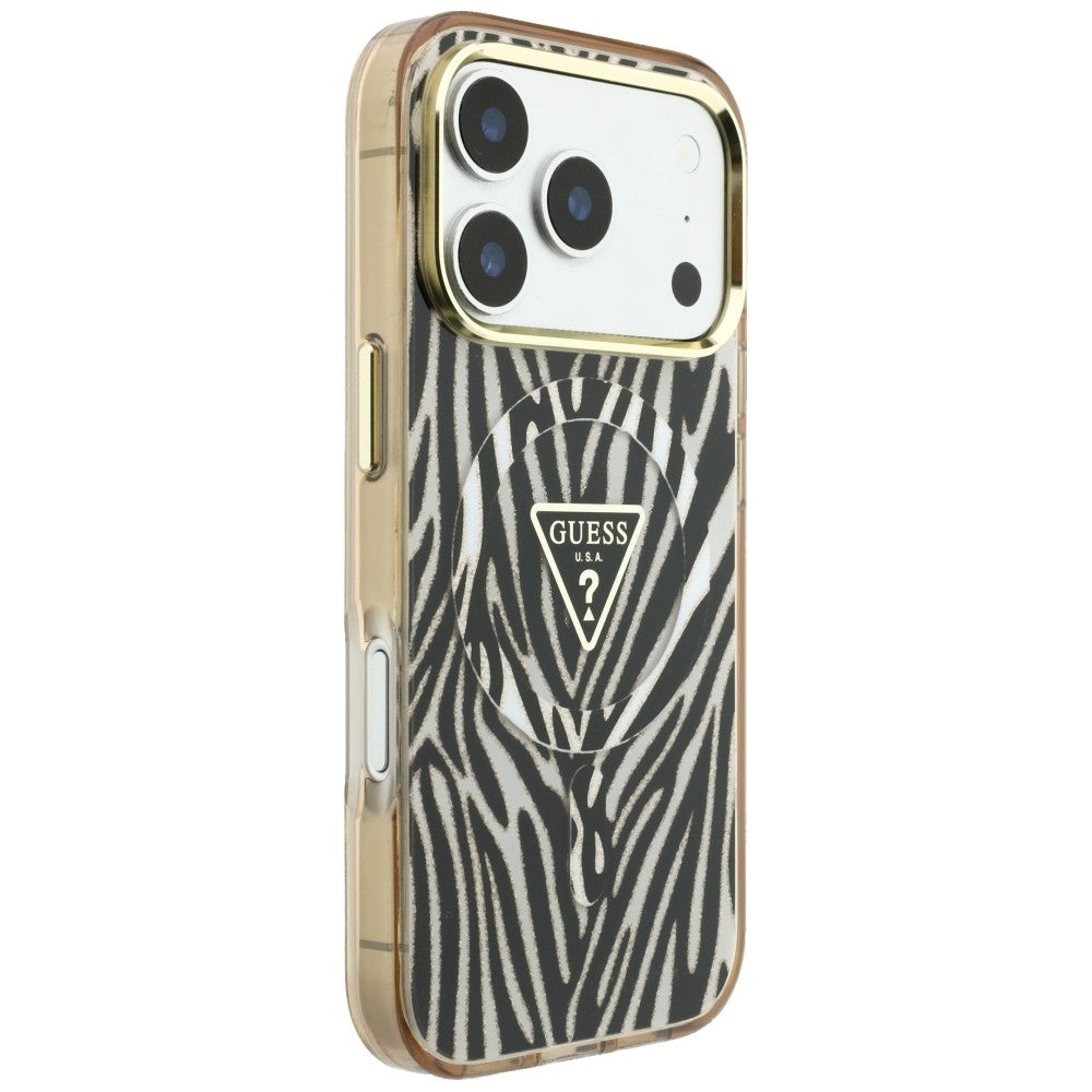 Θήκη MagSafe για Apple iPhone 18 Pro Max / 17 Pro Max, Guess, Zebra Glitter Triangle Logo, Χρυσή