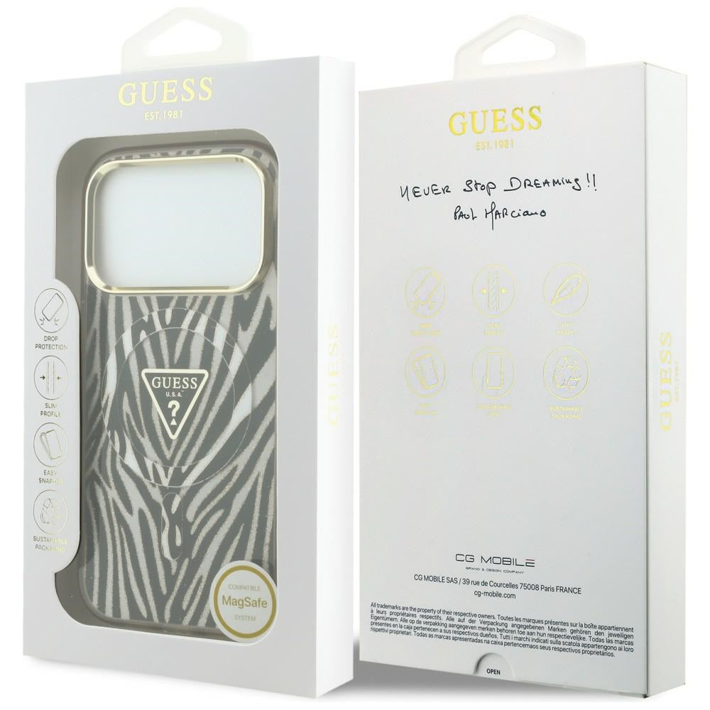 Θήκη MagSafe για Apple iPhone 18 Pro Max / 17 Pro Max, Guess, Zebra Glitter Triangle Logo, Χρυσή