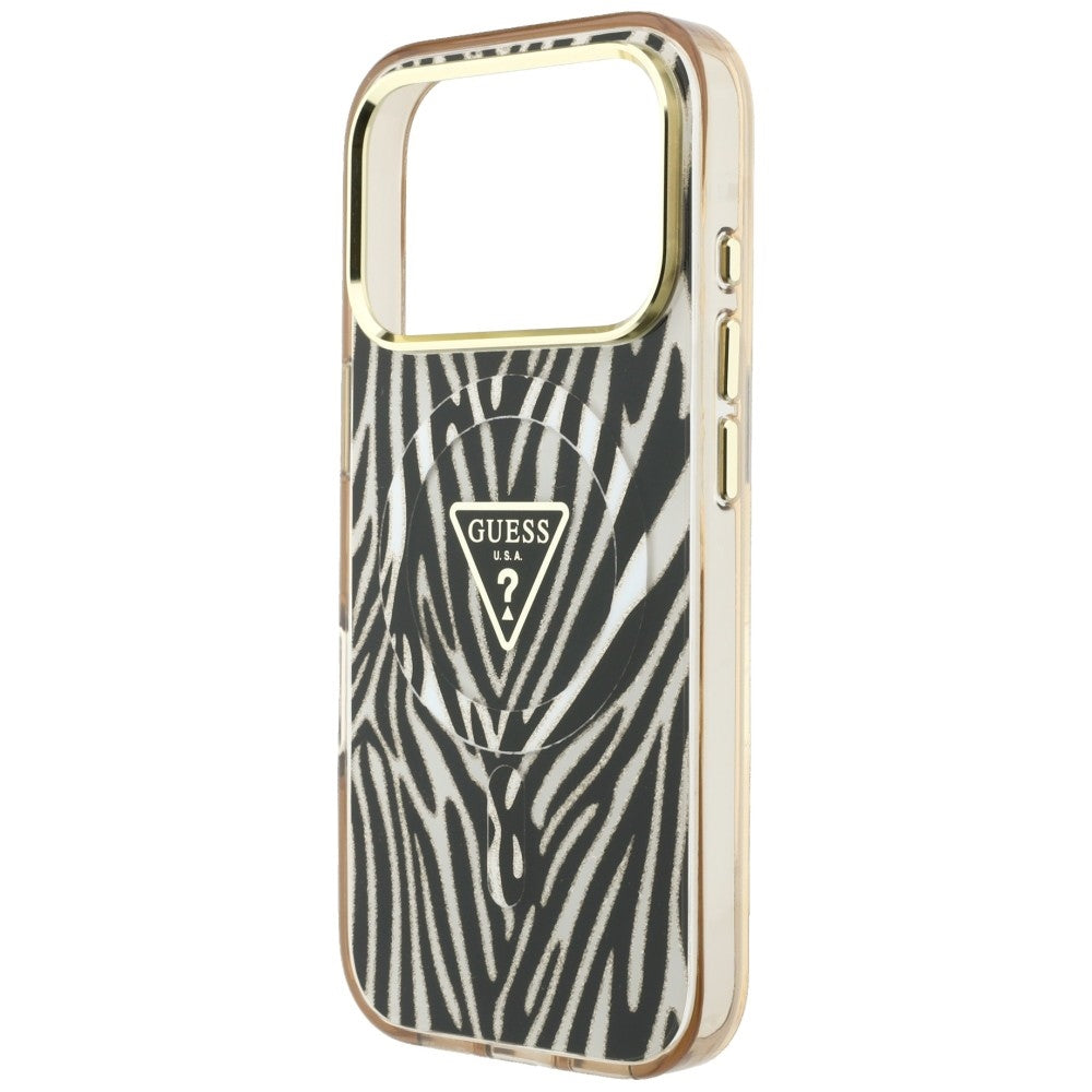 Θήκη MagSafe για Apple iPhone 18 Pro Max / 17 Pro Max, Guess, Zebra Glitter Triangle Logo, Χρυσή