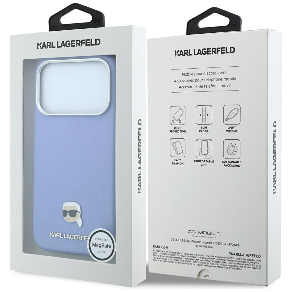 Θήκη MagSafe για Apple iPhone 18 Pro Max / 17 Pro Max, Karl Lagerfeld, Μεταλλικό Σχέδιο Karl Head με Υφή, Μπλε