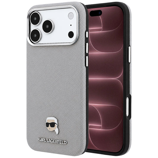 Θήκη MagSafe για Apple iPhone 18 Pro Max / 17 Pro Max, Karl Lagerfeld, Μεταλλικό Σχέδιο Karl Head's με Υφή, Γκρι