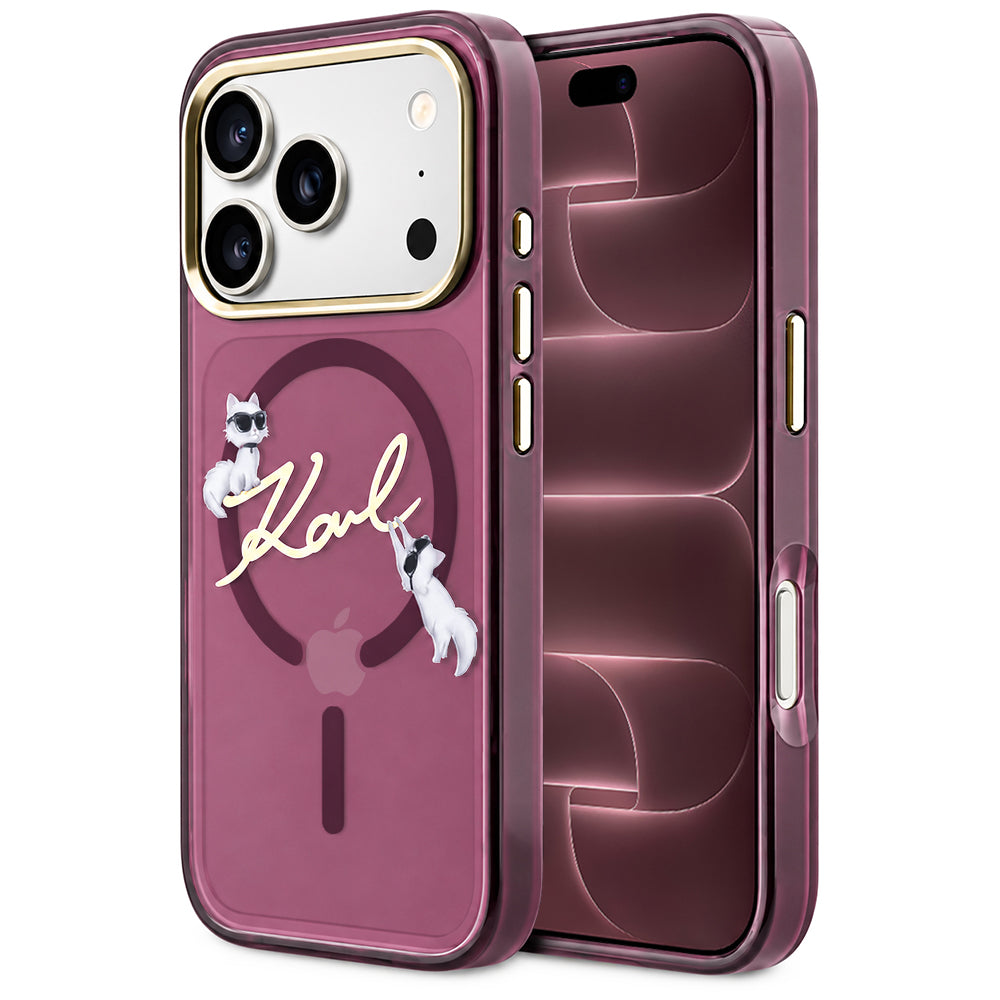 Θήκη MagSafe για Apple iPhone 18 Pro Max / 17 Pro Max, Karl Lagerfeld, IML Choupette Karl Script Logo, Βυσσινί