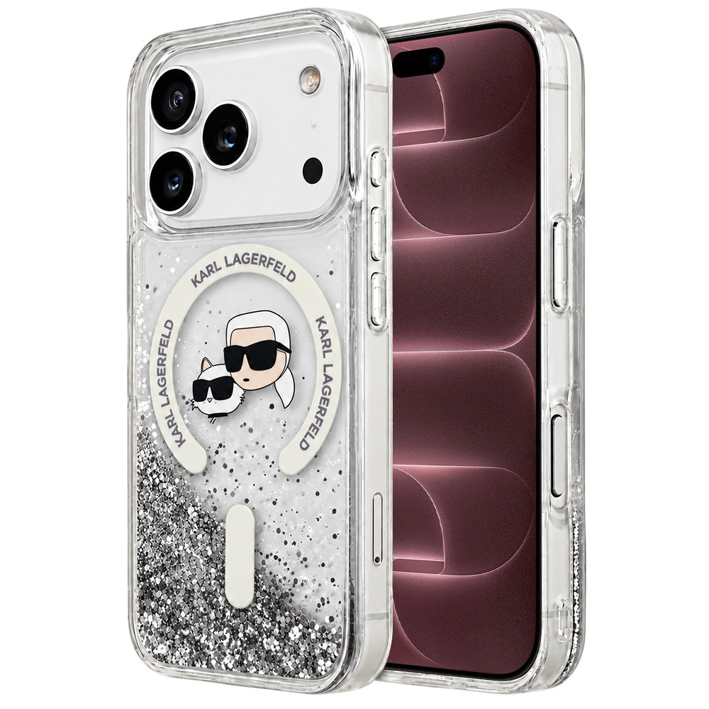Θήκη MagSafe για Apple iPhone 18 Pro Max / 17 Pro Max, Karl Lagerfeld, Liquid Glitter Karl & Choupette Head's, Διαφανής