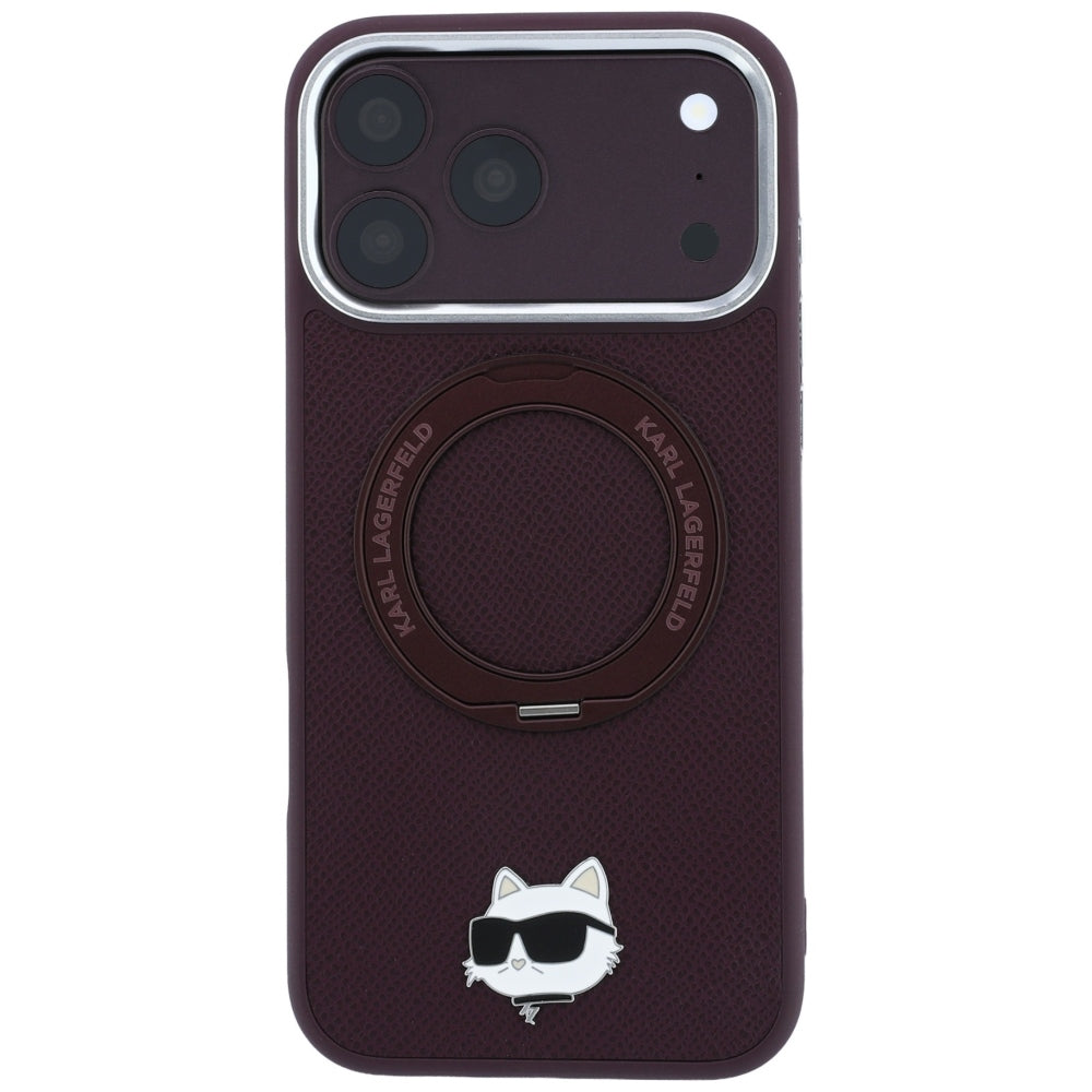 MagSafe Case for Apple iPhone 18 Pro Max / 17 Pro Max, Karl Lagerfeld, Saffiano Ring Stand 360 Choupette Pin, Burgundy