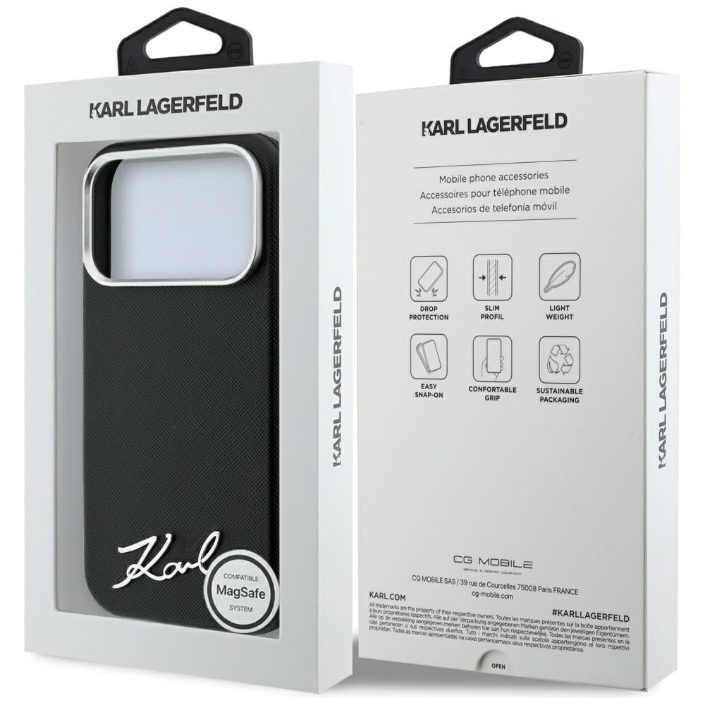 Θήκη MagSafe για Apple iPhone 18 Pro Max / 17 Pro Max, Karl Lagerfeld, Saffiano Small Script Metal Logo, Μαύρη