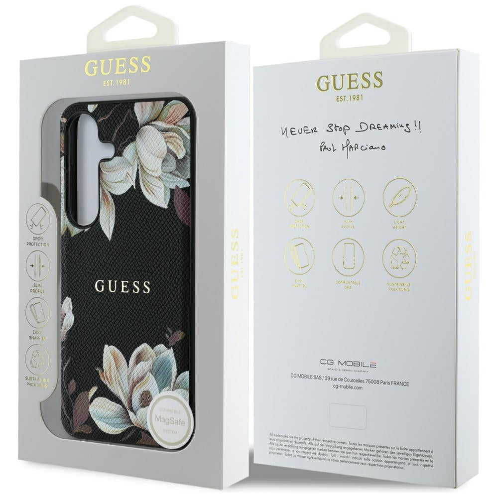 Θήκη MagSafe για Samsung Galaxy S25 S931, Guess, Grained Flowers, Μαύρη