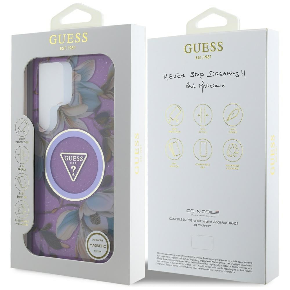 Θήκη MagSafe για Samsung Galaxy S25 Ultra S938, Guess, IML Metal Glitter Flowers Triangle, Μωβ