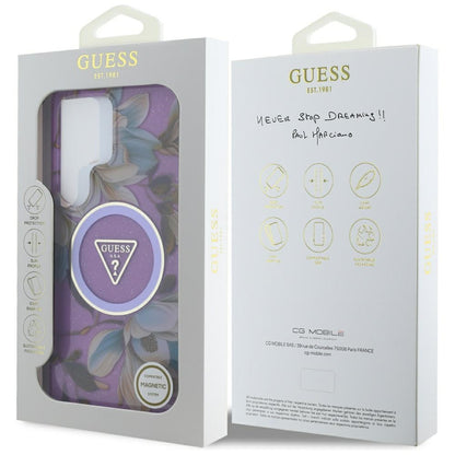 Θήκη MagSafe για Samsung Galaxy S25 Ultra S938, Guess, IML Metal Glitter Flowers Triangle, Μωβ