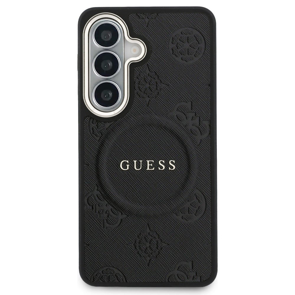 MagSafe Case for Samsung Galaxy S26 S942, Guess, Saffiano Peony Embossed Ring, Black