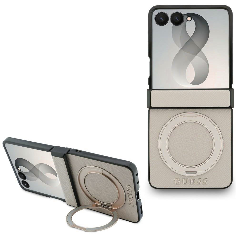 Θήκη MagSafe για Samsung Galaxy Z Flip8 F776, Guess, Ring Stand Grained Classic Logo, Μπεζ