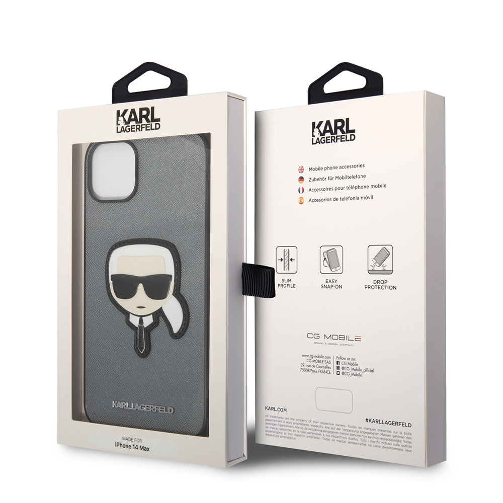 Θήκη για Apple iPhone 14 Plus, Karl Lagerfeld, Saffiano Karl's Head, Ασημί