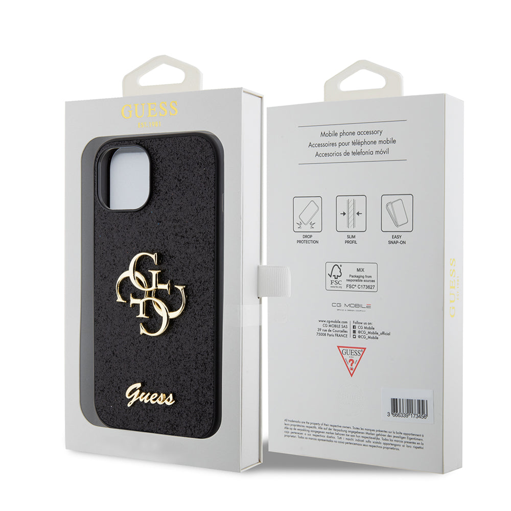 Θήκη για Apple iPhone 15, Guess, Glitter Big 4G Script, Μαύρη