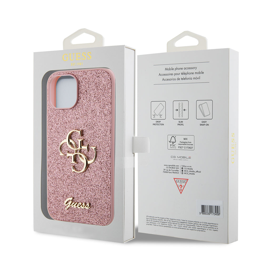 Θήκη για Apple iPhone 15, Guess, Glitter Big 4G Script, Ροζ