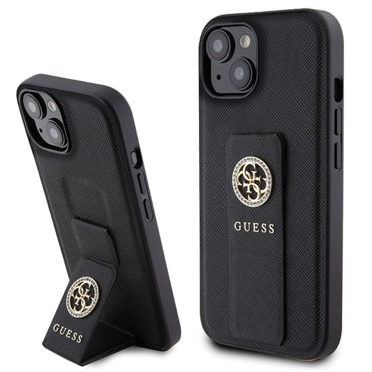 Θήκη για Apple iPhone 15, Guess, Grip Stand 4G Saffiano Strass, Μαύρη