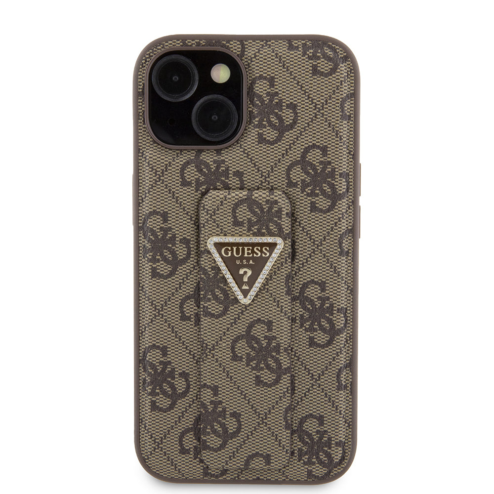Θήκη για Apple iPhone 15, Guess, Grip Stand 4G Triangle Strass, Καφέ