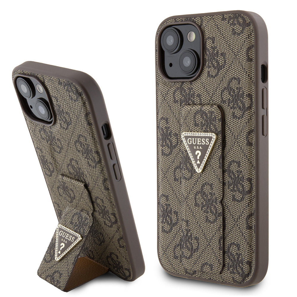 Θήκη για Apple iPhone 15, Guess, Grip Stand 4G Triangle Strass, Καφέ
