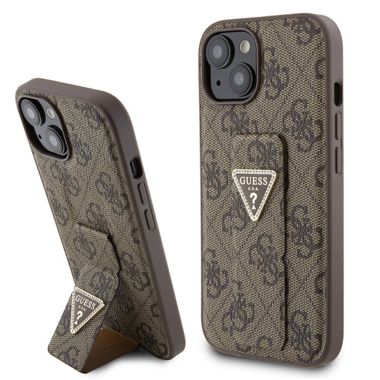 Θήκη για Apple iPhone 15, Guess, Grip Stand 4G Triangle Strass, Καφέ