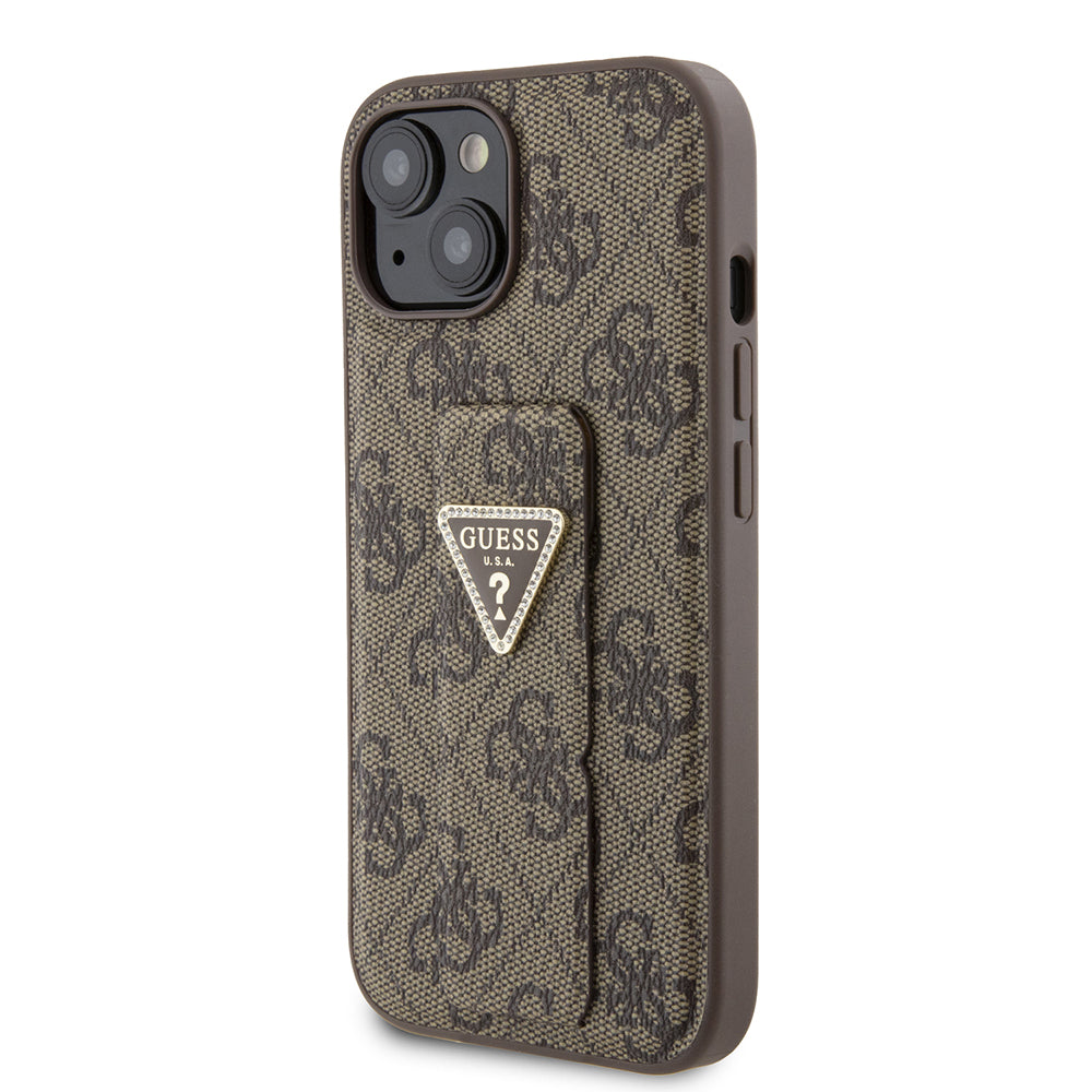 Θήκη για Apple iPhone 15, Guess, Grip Stand 4G Triangle Strass, Καφέ
