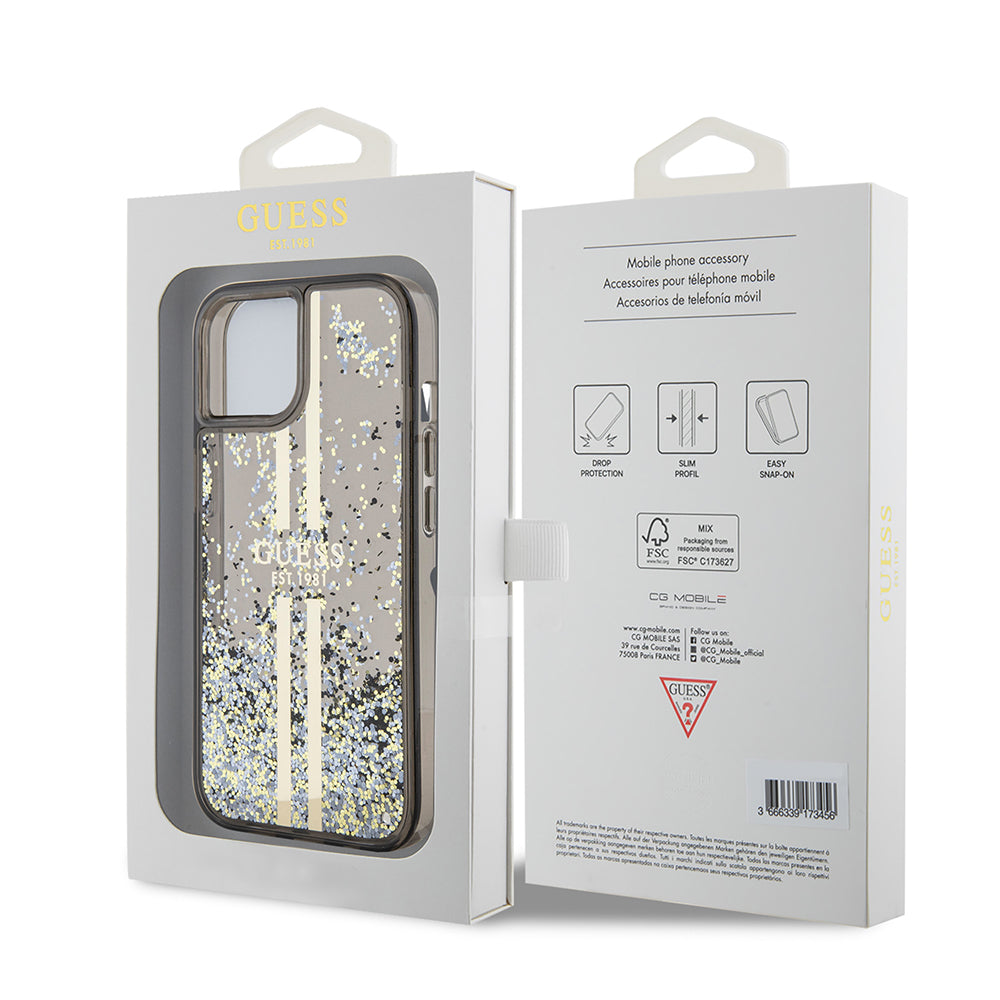 Θήκη για Apple iPhone 15, Guess, Liquid Glitter Gold Stripes, Μαύρη