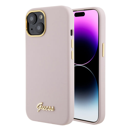 Θήκη για Apple iPhone 15, Guess, Script Metal Logo & Frame, Ανοιχτό Ροζ