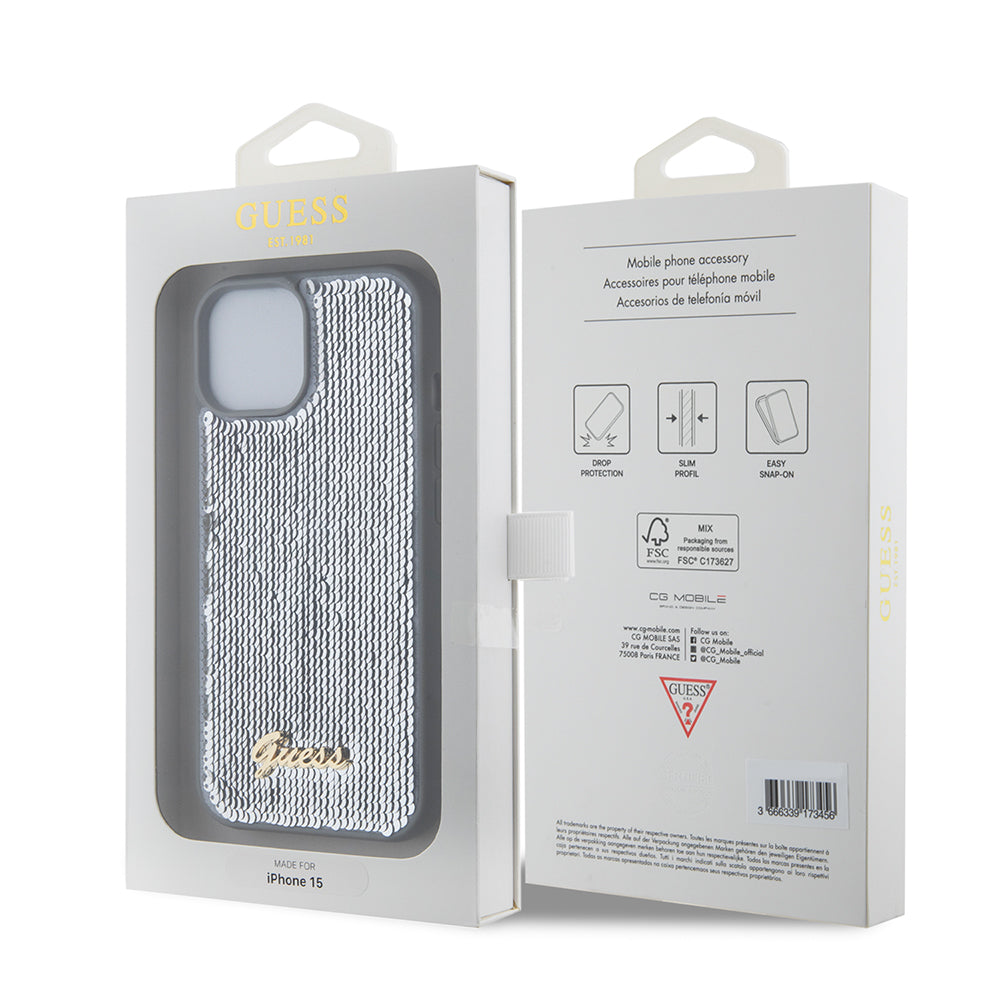 Θήκη για Apple iPhone 15, Guess, Sequin Script Metal, Ασημί