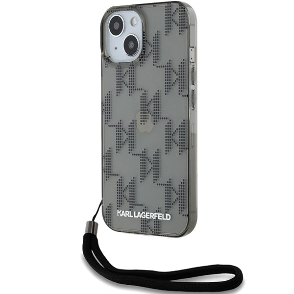 Θήκη για Apple iPhone 15, Karl Lagerfeld, IML Luxury Monogram KL Pattern with Strap, Μαύρη