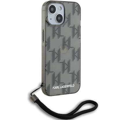 Θήκη για Apple iPhone 15, Karl Lagerfeld, IML Luxury Monogram KL Pattern with Strap, Μαύρη