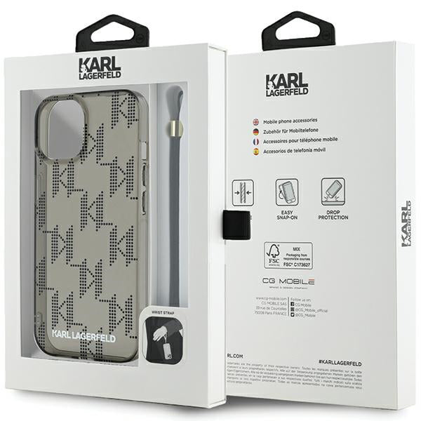 Θήκη για Apple iPhone 15, Karl Lagerfeld, IML Luxury Monogram KL Pattern with Strap, Μαύρη
